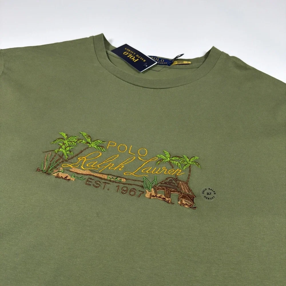 Polo Ralph Lauren Shirt Men's 2LT T-Shirt Embroidered Palms Tiki Hut Green NWT